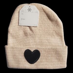 Kids Cream Beanie Hat with Black Heart Patch